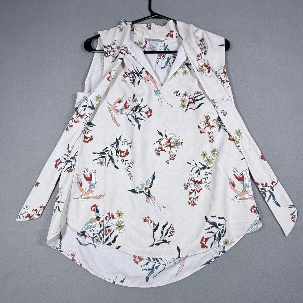 H&M Women Sleeveless Tie Neck Blouse Size 4 White Bird Floral‎ Print Crepe Top